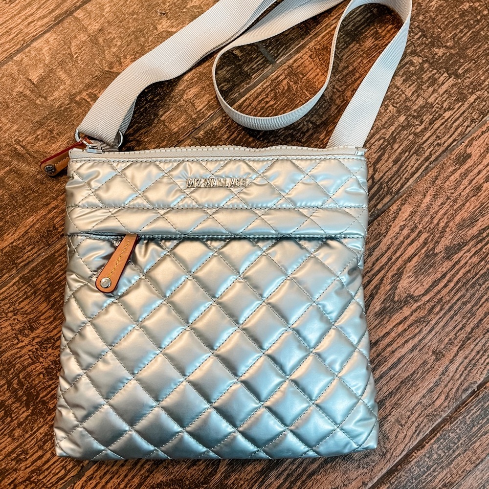 MZ Wallace quilted nylon flat crossbody in matte silver GUC